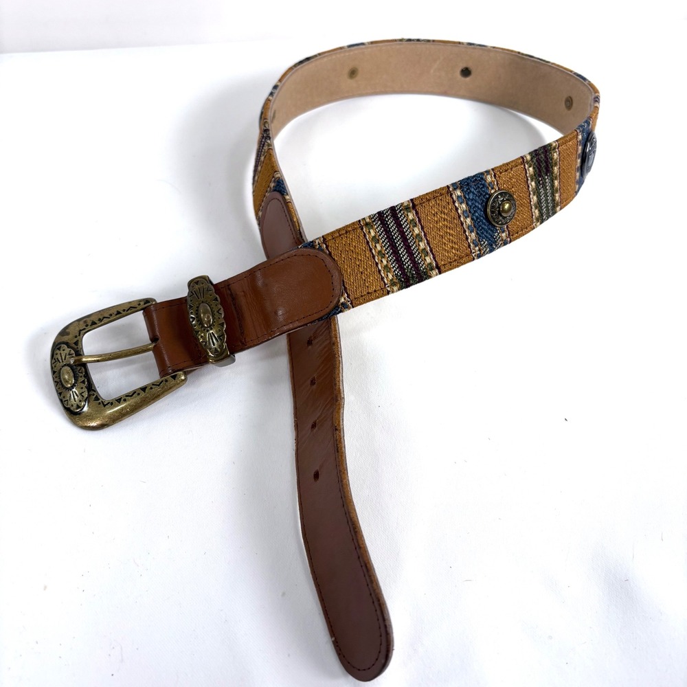 Ginnie Johansen Belt Brown Woven Tapestry Brass Buckle Western Boho Vintage M